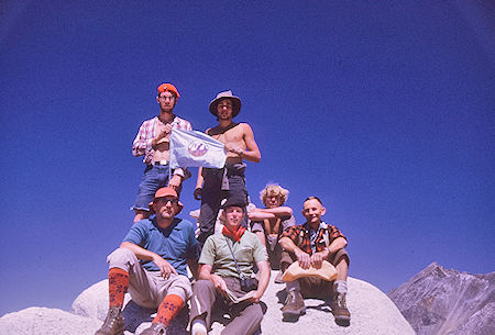 In back - Dale Caldwell, Richard Alvernez; In front - Don Deck, Tim McSweeney, Roger Getz, Gil Beilke on top of Fin Dome<br>Kings Canyon National Park 31 Aug 1970 In back - Dale Caldwell, Richard Alvernez; In front - Don Deck, Tim McSweeney, Roger Getz, Gil Beilke on top of Fin Dome<br>Kings Canyon National Park 31 Aug 1970