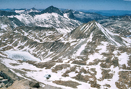 Seven Gables, pass from Bear Lakes basin to Merriam Lake basin from Royce Peak - John Muir Wilderness 05 Jul 1975 Seven Gables, pass from Bear Lakes basin to Merriam Lake basin from Royce Peak - John Muir Wilderness 05 Jul 1975