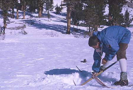 Steve Henderson digging hole in Gilbert Lake ice for water - Kearsarge Pass 1967 Steve Henderson digging hole in Gilbert Lake ice for water - Kearsarge Pass 1967
