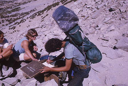 Signing the register on Kearsarge Pass<br>Kings Canyon National Park 06 Sep 1970 Signing the register on Kearsarge Pass<br>Kings Canyon National Park 06 Sep 1970