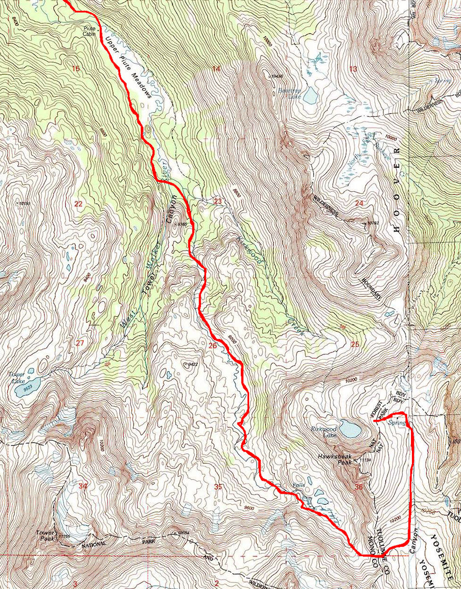 Rainbow Canyon portion of 1992 trip map - Hoover Wilderness Rainbow Canyon portion of 1992 trip map - Hoover Wilderness