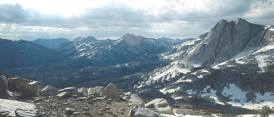 Hawksbeak Peak, Watch Tower, Tower Lake, Kirkwood Pass from Lake Helen saddle - Hoover Wilderness 1991