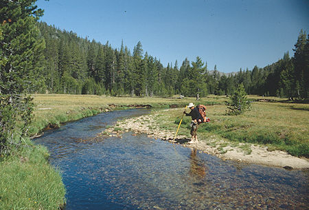 Gil Beilke crossing creek in Upper Piute Meadow - Hoover Wilderness 1992