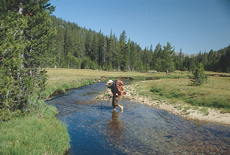 Gil Beilke crossing creek in Upper Piute Meadow - Hoover Wilderness 1992 Gil Beilke crossing creek in Upper Piute Meadow - Hoover Wilderness 1992