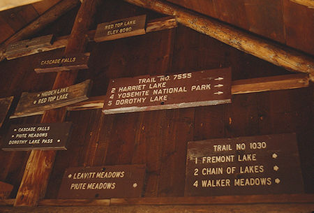 Trail signs at cabin/Ranger Station at Upper Piute Meadow - Hoover Wilderness 1992 Trail signs at cabin/Ranger Station at Upper Piute Meadow - Hoover Wilderness 1992