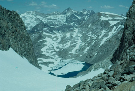 Looking down the north side from the Ritter-Banner saddle at Lake Catherine - Ansel Adams Wilderness - Jul 1960