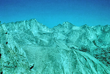 Mount Whitney, Mt. Russell, Pinnacle Ridge on skyline; Candlelight Peak in foreground from top of Lone Pine Peak - Jun 1961