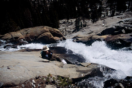 Gil Beilke and Upper Bonnie Lake cascade - Hoover Wilderness 1995 Gil Beilke and Upper Bonnie Lake cascade - Hoover Wilderness 1995