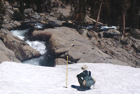 Gil Beilke and Upper Bonnie Lake cascade - Hoover Wilderness 1995