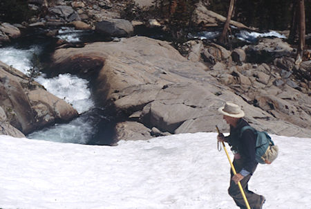 Gil Beilke and Upper Bonnie Lake cascade - Hoover Wilderness 1995