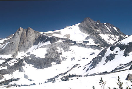 Watch Tower and Tower Peak over Tower Lake from saddle - Hoover Wilderness 1995