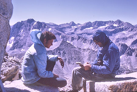 Signing the register on top of Mt. Gould<br>Kings Canyon National Park 30 Aug 1970 Signing the register on top of Mt. Gould<br>Kings Canyon National Park 30 Aug 1970