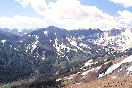 Burt Canyon, saddle to Molybdinite Creek, Ink Rocks from near Anna Lake - Hoover Wilderness 1995