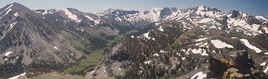 Walker Mountain/Burt Canyon/saddle to Molybdinite/Ink Rocks/Flatiron Butte/'Piute Meadow'/Anna Lake area from Peak 10726 - Hoover Wilderness 1995 Walker Mountain/Burt Canyon/saddle to Molybdinite/Ink Rocks/Flatiron Butte/'Piute Meadow'/Anna Lake area from Peak 10726 - Hoover Wilderness 1995
