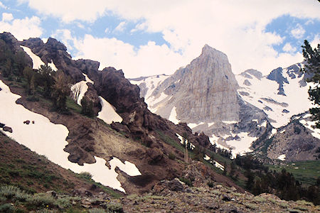 Flatiron Butte and weird rocks on Burt Canyon side of Burt Canyon/Molybdenite Creek saddle - Hoover Wilderness 1995 Flatiron Butte and weird rocks on Burt Canyon side of Burt Canyon/Molybdenite Creek saddle - Hoover Wilderness 1995