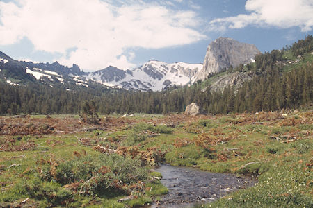 Ink Rocks, Flatiron Butte, avalanche debris over Burt Canyon Creek - Hoover Wilderness 1995 Ink Rocks, Flatiron Butte, avalanche debris over Burt Canyon Creek - Hoover Wilderness 1995