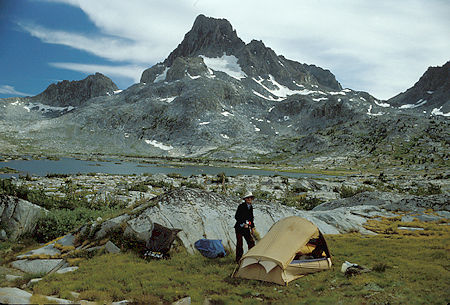 Banner Peak, Thousand Island Lake, Gil Beilke at our camp - Ansel Adams Wilderness - Aug 1991