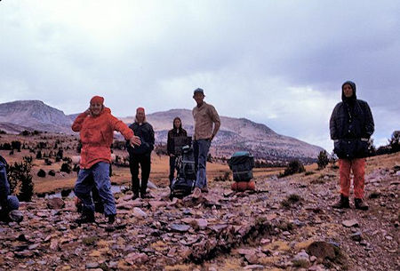 Curt Sayer "threatens" the photographer while Paul Robotta, Brian Twohey, Paul Smith and Kevin Twohey look on at Mono Pass Curt Sayer "threatens" the photographer while Paul Robotta, Brian Twohey, Paul Smith and Kevin Twohey look on at Mono Pass