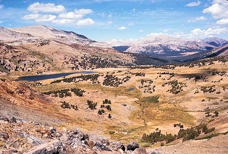 From the ridge between Parker Pass and Helen Lake you have this view of Spillway Lake and the Dana Fork. The large meadow in the trees is Dana Meadows just inside Yosemite National Park from Tioga Pass From the ridge between Parker Pass and Helen Lake you have this view of Spillway Lake and the Dana Fork. The large meadow in the trees is Dana Meadows just inside Yosemite National Park from Tioga Pass