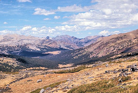 View from Helen Lake down the Dana Fork shows the Dana Meadows. Tioga Pass is just beyond the right end of the meadows View from Helen Lake down the Dana Fork shows the Dana Meadows. Tioga Pass is just beyond the right end of the meadows