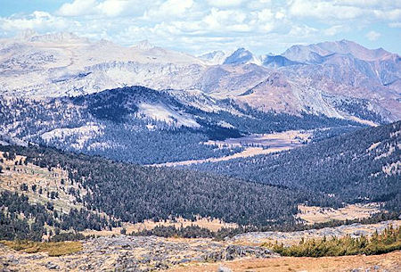 This telephoto picture from Helen Lake down the Dana Fork shows the Dana Meadows. Tioga Pass is just beyond the right end of the meadows This telephoto picture from Helen Lake down the Dana Fork shows the Dana Meadows. Tioga Pass is just beyond the right end of the meadows