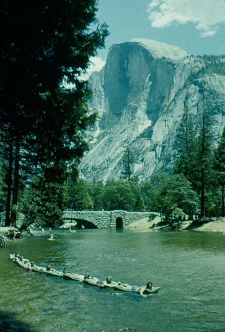 Half Dome, tourists floating in Merced River in Yosemite Valley - Yosemite National Park - Jul 1957 Half Dome, tourists floating in Merced River in Yosemite Valley - Yosemite National Park - Jul 1957