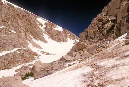 Snow and hikers on the trail to Mono Pass at the 'corner' - 1995
