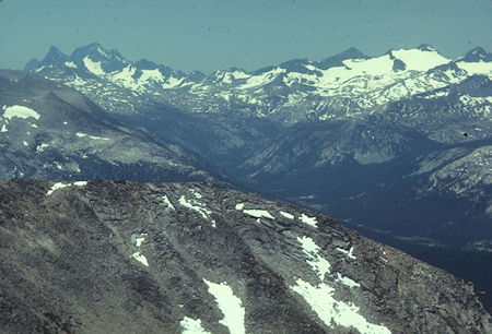 Banner Peak, Mt. Ritter, Mt. Lyell and glacier from top of Mount Conness - Gil Beilke photo - Yosemite National Park 02 Jul 1972 Banner Peak, Mt. Ritter, Mt. Lyell and glacier from top of Mount Conness - Gil Beilke photo - Yosemite National Park 02 Jul 1972