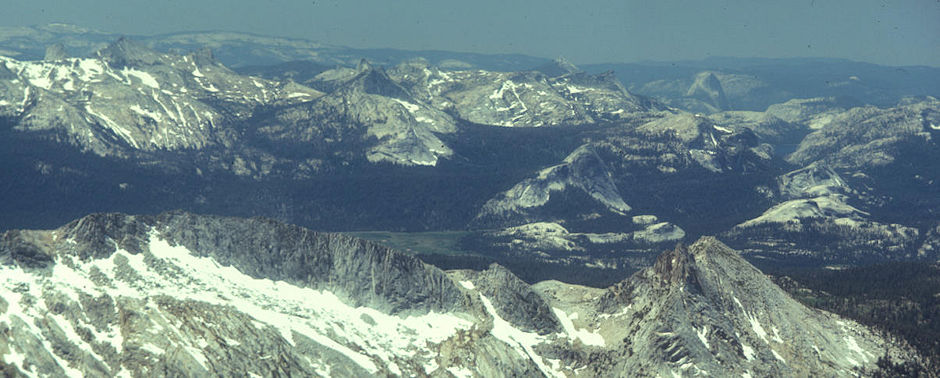 Cathedral Range, Tuolumne Meadow, Clouds Rest, Half Dome, Tenaya Lake from top of Mount Conness - Gil Beilke photo - Yosemite National Park 02 Jul 1972 Cathedral Range, Tuolumne Meadow, Clouds Rest, Half Dome, Tenaya Lake from top of Mount Conness - Gil Beilke photo - Yosemite National Park 02 Jul 1972