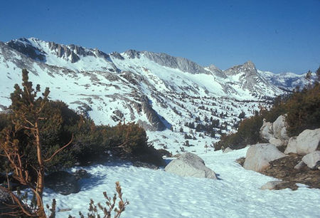 Looking back toward Ragged Peak (right) and Young Lakes from Mount Conness route - Yosemite National Park 27 May 1972 Looking back toward Ragged Peak (right) and Young Lakes from Mount Conness route - Yosemite National Park 27 May 1972