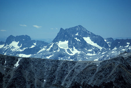 From Koip Peak, looking across the Koip Crest to Banner Peak (pointed on the left of center) and Mt. Ritter (to right and behind Banner).  The saddle leading to Catherine Lake is to the right near the bottom of the long snow slope