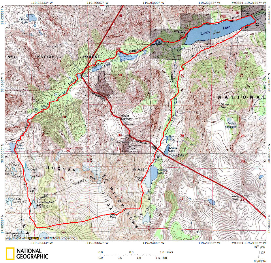 Lundy Lake Loop route map - Hoover Wilderness 1980 Lundy Lake Loop route map - Hoover Wilderness 1980
