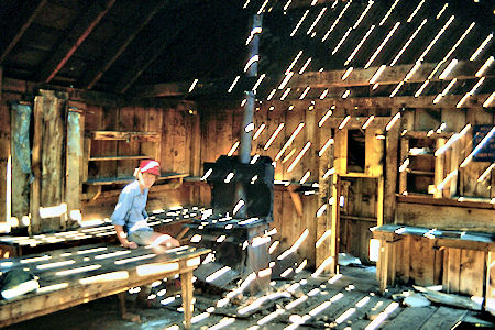 Jim inside old cabin at Lundy Mine - Hoover Wilderness 1980 Jim inside old cabin at Lundy Mine - Hoover Wilderness 1980