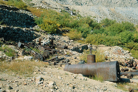 Boiler and Stamp Mills at Mill site at Lundy Mine - Hoover Wilderness 1980 Boiler and Stamp Mills at Mill site at Lundy Mine - Hoover Wilderness 1980