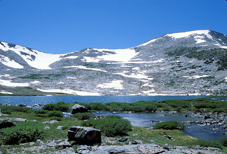 Our route beyond Helen Lake will take us up the snow field to the low spot on the Kuna Crest