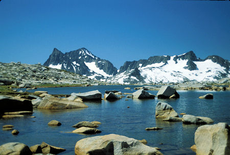 Banner Peak and Mt. Ritter on the left, Mt. Davis on the right from one of the Lost Lakes as we started downstream