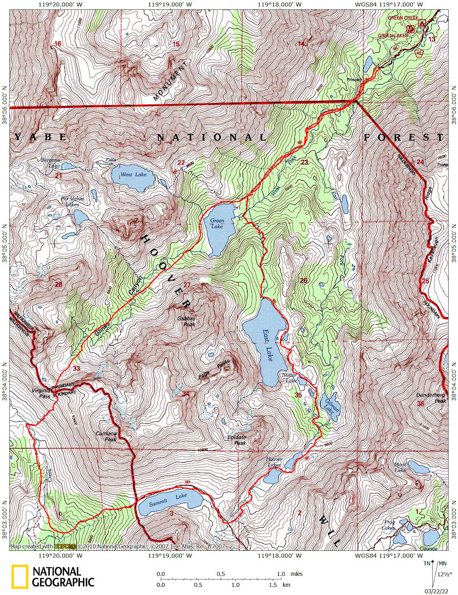Green Lake Loop route map - Hoover Wilderness 1982 Green Lake Loop route map - Hoover Wilderness 1982