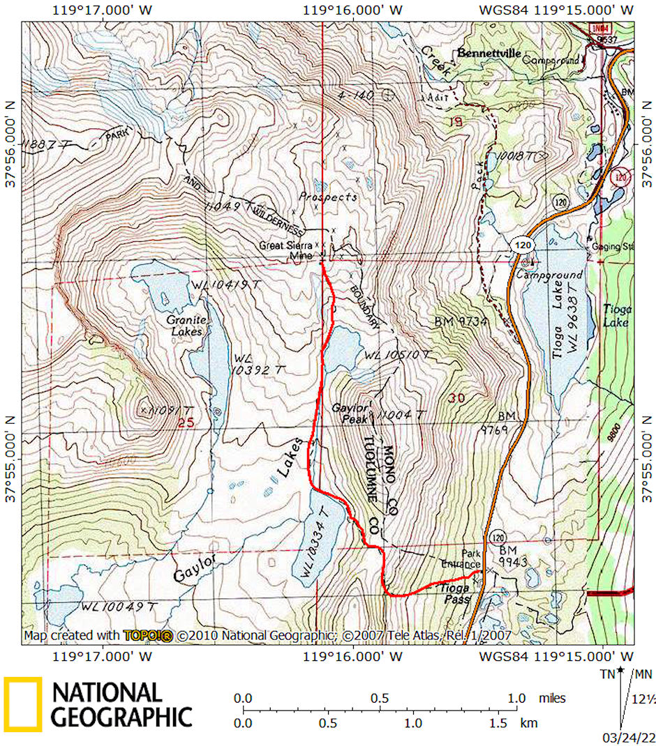 Gaylor Lakes Great Sierra Mine route map 1986 Gaylor Lakes Great Sierra Mine route map 1986