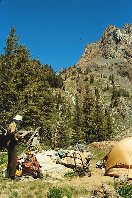 Gil Beilke at camp next to cabin remains at Par Value Creek - Hoover Wilderness 1989 Gil Beilke at camp next to cabin remains at Par Value Creek - Hoover Wilderness 1989
