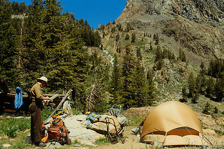 Gil Beilke at camp next to cabin remains at Par Value Creek - Hoover Wilderness 1989