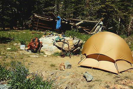 Camp next to cabin remains at Par Value Creek - Hoover Wilderness 1989 Camp next to cabin remains at Par Value Creek - Hoover Wilderness 1989