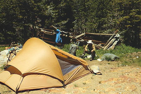 Camp next to cabin remains at Par Value Creek - Hoover Wilderness 1989