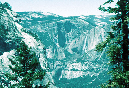 Glacier Point (left), Upper and Lower Yosemite Falls from Panorama Cliffs - Yosemite National Park Jul 1957 Glacier Point (left), Upper and Lower Yosemite Falls from Panorama Cliffs - Yosemite National Park Jul 1957