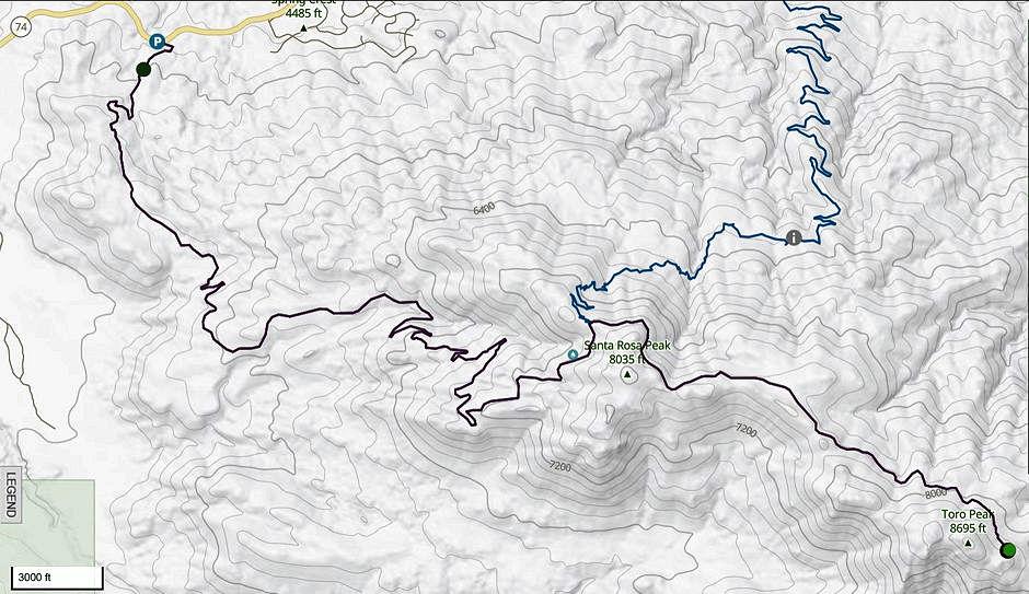 Route map for Santa Rosa Peak and Toro Peak Route map for Santa Rosa Peak and Toro Peak