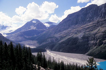 Peyto Glacier (left edge) and drainage into Peyto Lake (right edge), Icefield Parkway, Banff National Park, Canada