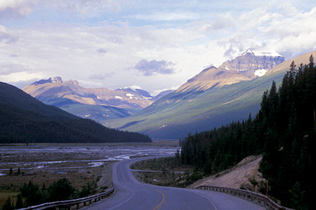 Mount Saskatchewan (right edge) & North Saskatchewan River valley, Icefields Parkway, Banff National Park, Canada