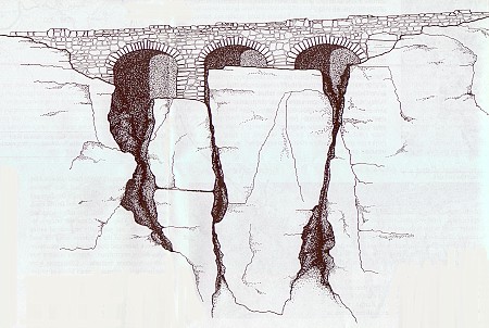 The Triple Arches was the product of an unplanned substitute for an excessively large retaining wall.  Drawing by William S. Withers, Historic American Engineering Record, NPS 1990