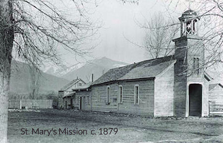 St. Mary's Mission about 1879. You can see where the addition was added to the chapel at the front and the additons and barn at the back