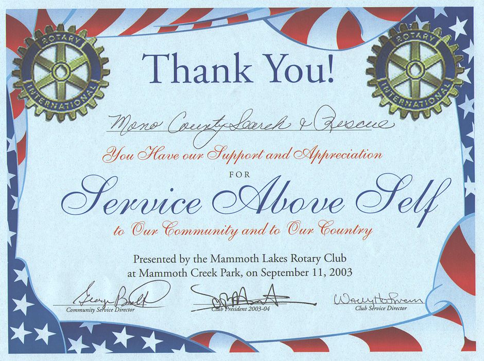 Mammoth Lakes Rotary Club Thank You Certificate
