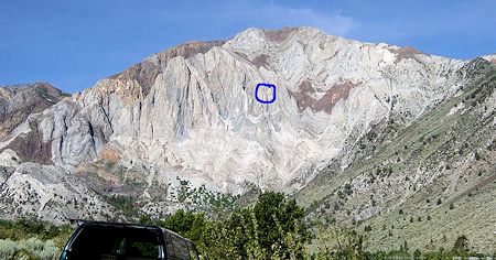 Blue circle marks victim's location on Laurel Mountain as seen from Convict Lake